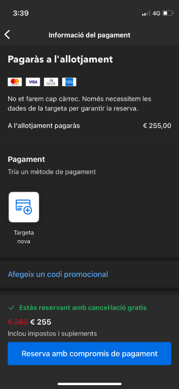 Secció pagament Booking allotjament