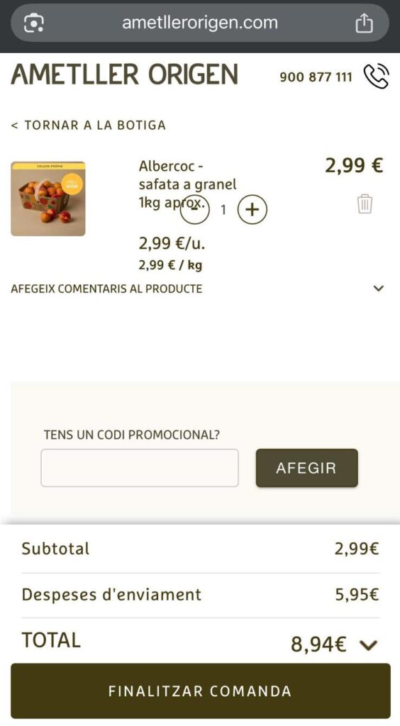 On afegir el codi promocional a la web d'Ametller Origen